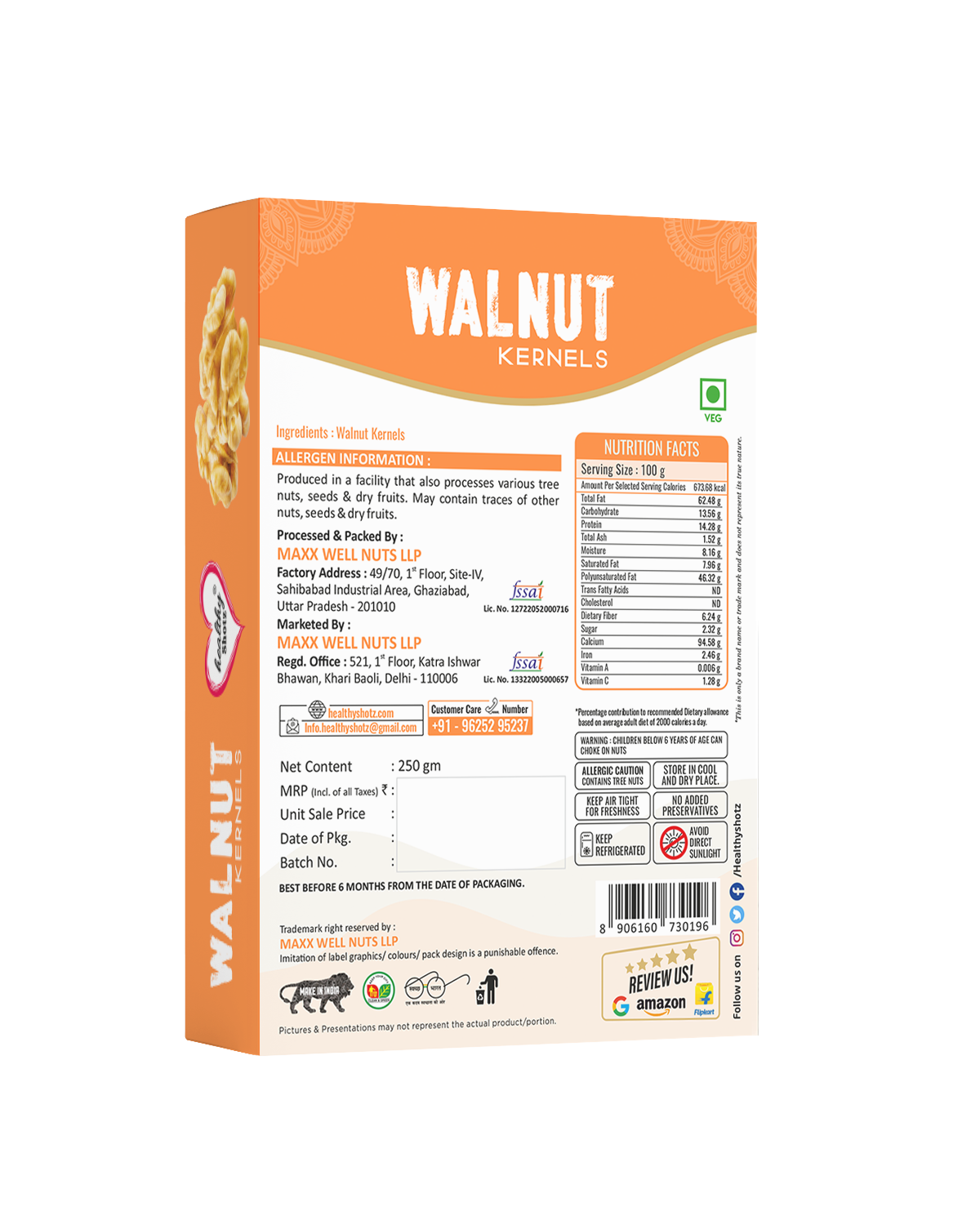 Healthy Shotz Walnut Kernels (Prime) 500gram
