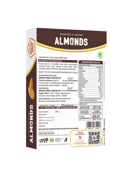 Healthy Shotz Roasted and Salted Almonds (Kernels 250gm)